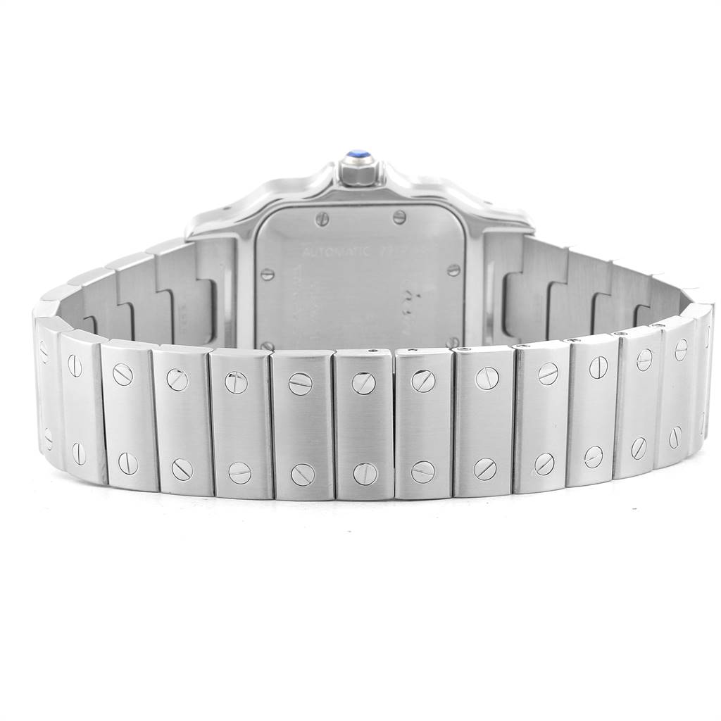 The image shows the back view of a Cartier Santos W20055D6 Men
s Silver Dial W20055D6 Men
s Silver Dial watch, highlighting its bracelet and case back.