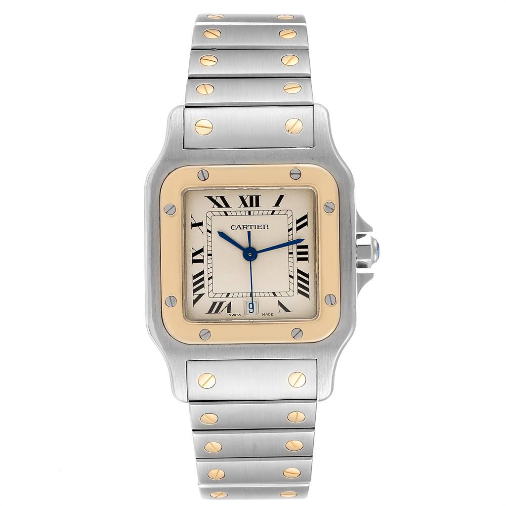 The image shows a front view of a Cartier Santos 187901 Stainless Steel Silver Dial 187901 Stainless Steel Silver Dial watch, highlighting its square face, Roman numerals, and metal bracelet with gold screws.