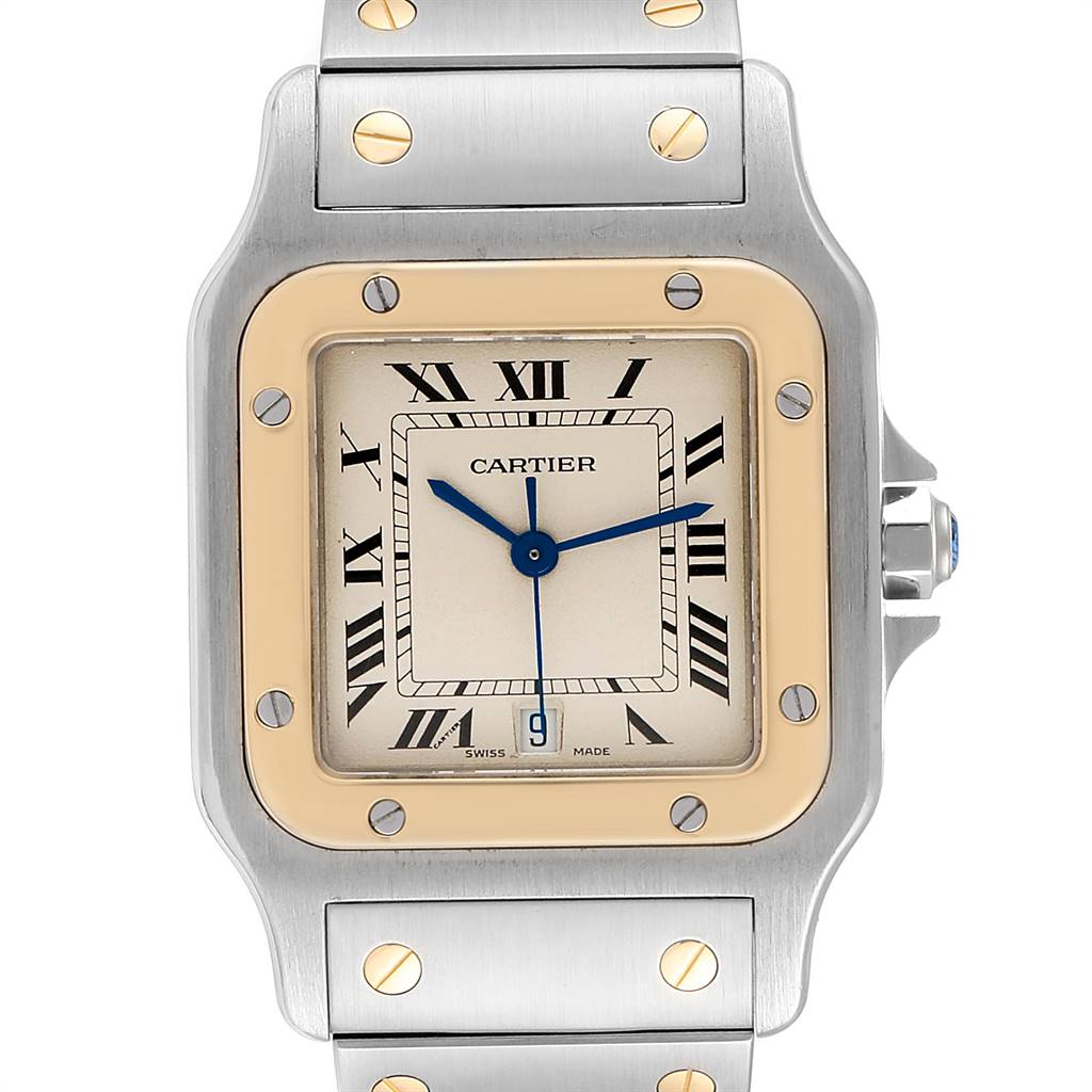 This image shows a close-up view of the Cartier Santos 187901 Stainless Steel Silver Dial 187901 Stainless Steel Silver Dial model watch, highlighting the dial, bezel, and part of the bracelet.