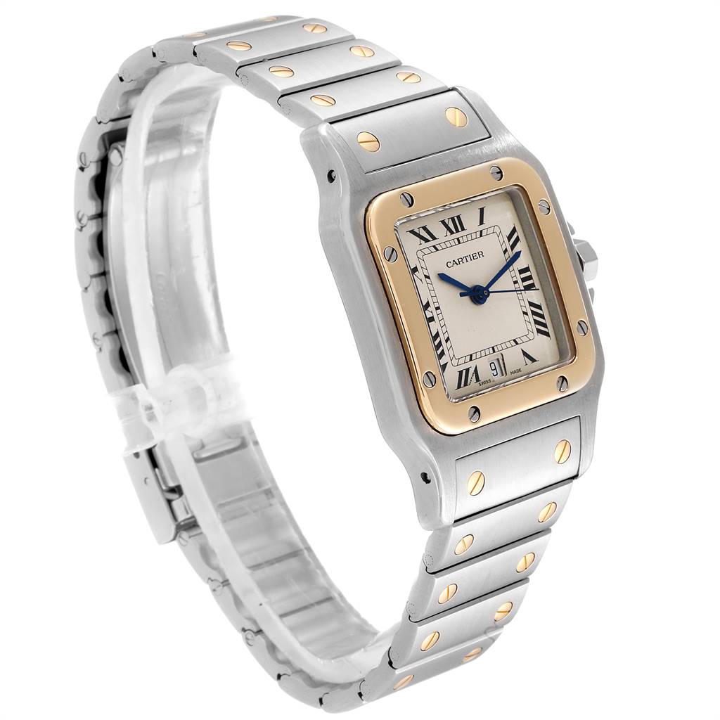 The image shows a Santos model by Cartier from an angled side view, highlighting the bracelet, case, and dial.