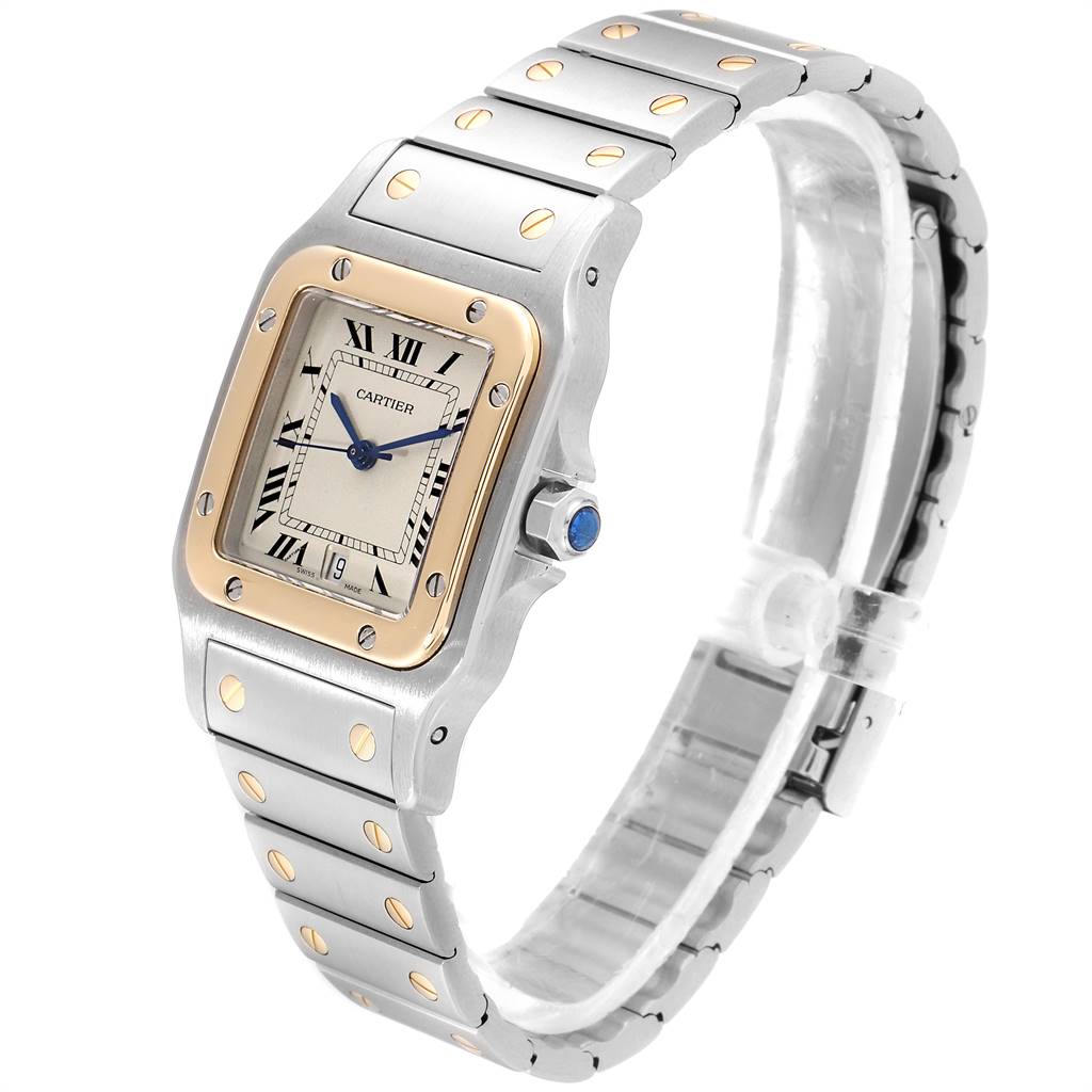 The image shows a Cartier Santos 187901 Stainless Steel Silver Dial 187901 Stainless Steel Silver Dial watch from a front angle, highlighting its face, bezel, crown, and integrated bracelet.