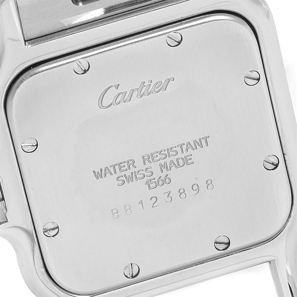 The image shows the back case of a Cartier Santos W20011C4 Stainless Steel Silver Dial W20011C4 Stainless Steel Silver Dial watch, highlighting the brand name and water resistance details.