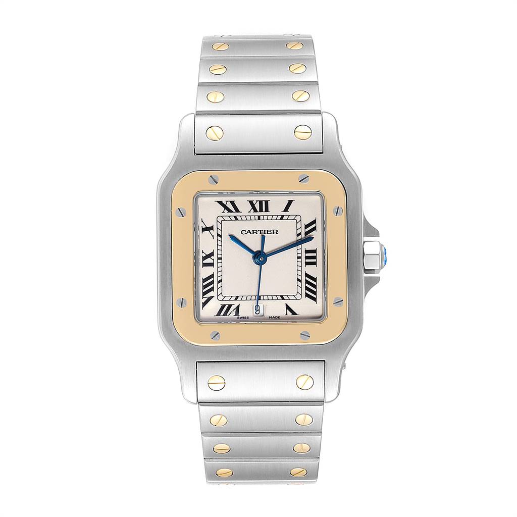 The image shows the front view of a Cartier Santos W20011C4 Stainless Steel Silver Dial W20011C4 Stainless Steel Silver Dial model watch, highlighting the dial, bezel, and bracelet.