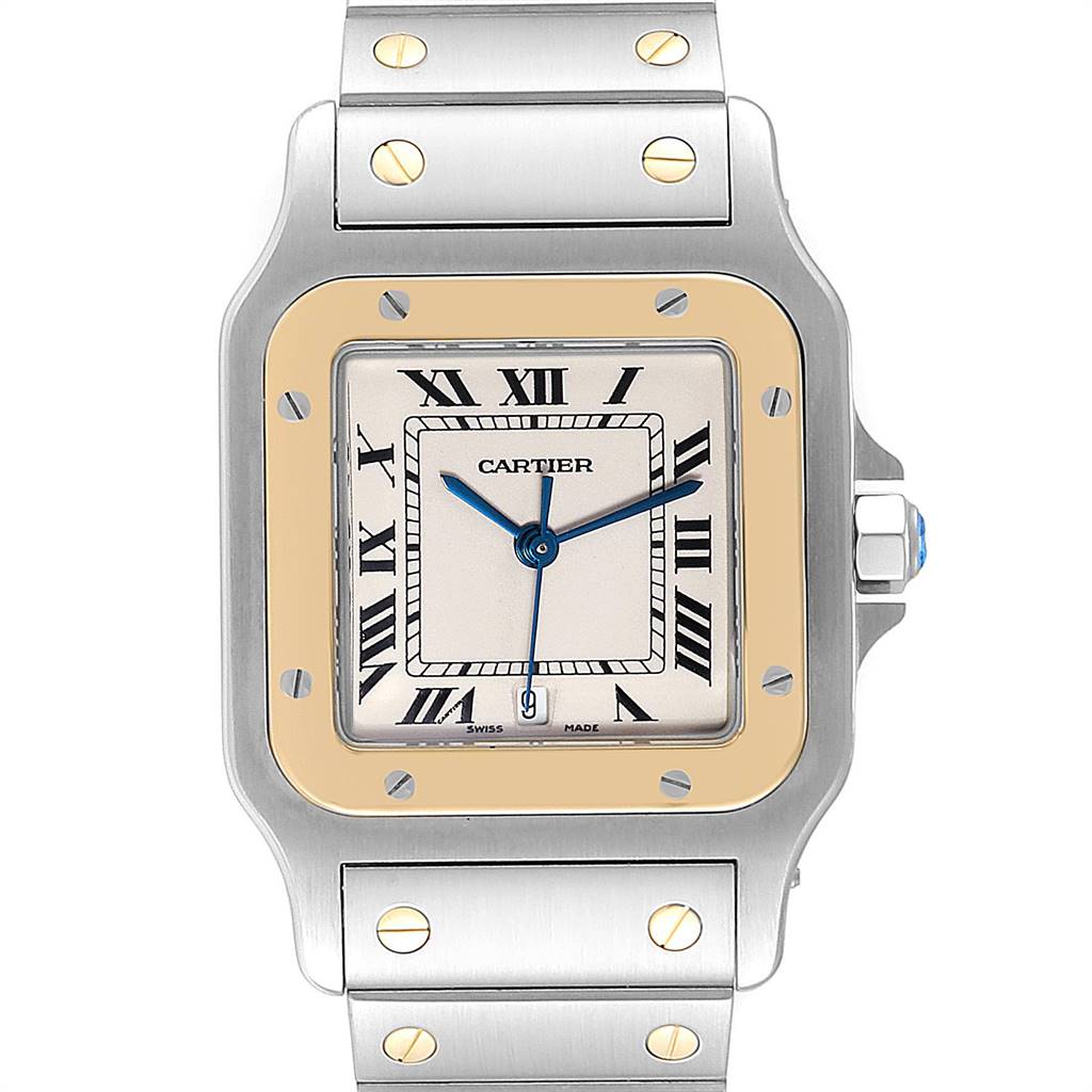 The image shows a front view of the Cartier Santos W20011C4 Stainless Steel Silver Dial W20011C4 Stainless Steel Silver Dial watch, displaying the face, bezel, and part of the bracelet.