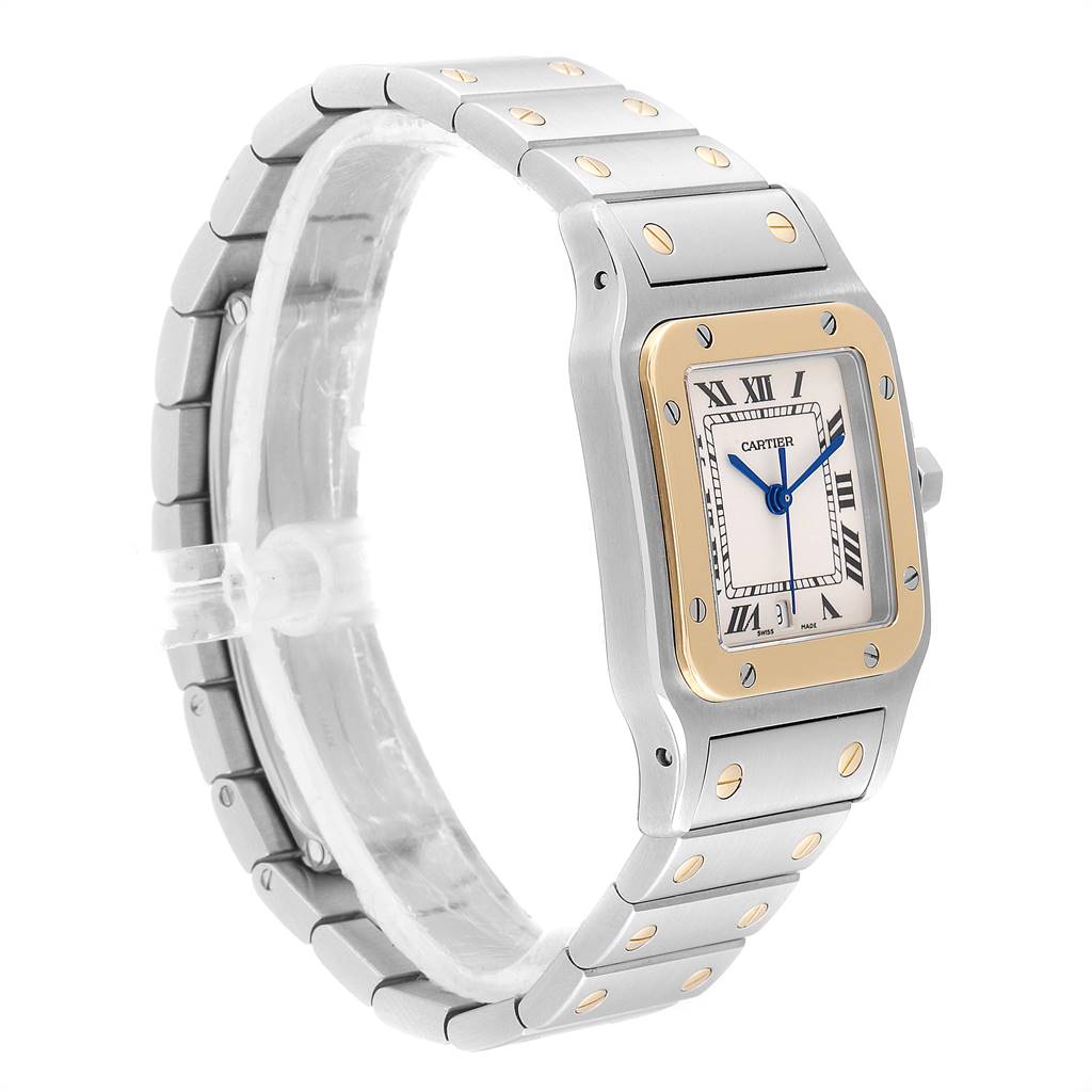 The Cartier Santos W20011C4 Stainless Steel Silver Dial W20011C4 Stainless Steel Silver Dial watch is shown at an angled side view, displaying the face, bezel, and bracelet with visible screws.