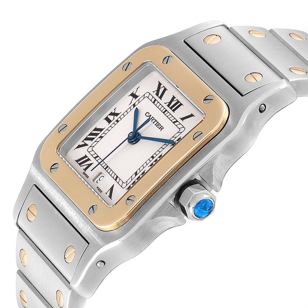 The image shows a close-up of the dial, bracelet, and crown of a Cartier Santos W20011C4 Stainless Steel Silver Dial W20011C4 Stainless Steel Silver Dial watch at an angle.