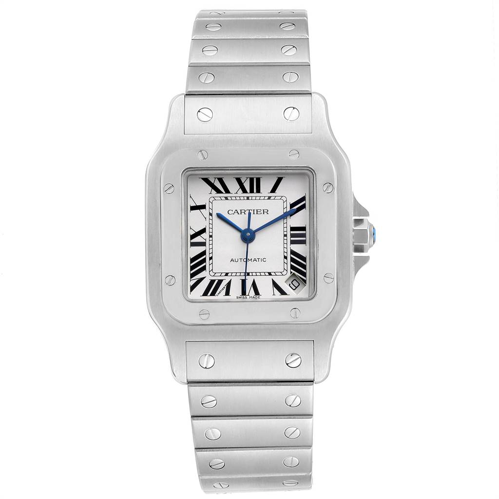 The image shows a front view of a Cartier Santos W20098D6 Men
s Stainless Steel Silver Dial W20098D6 Men
s Stainless Steel Silver Dial watch, displaying its face, bezel, and bracelet.