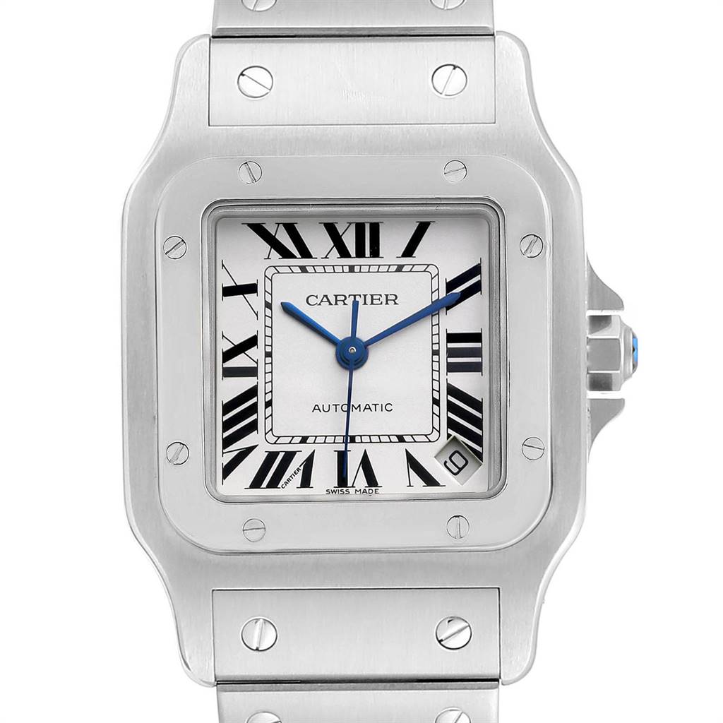 This image shows the Cartier Santos W20098D6 Men
s Stainless Steel Silver Dial W20098D6 Men
s Stainless Steel Silver Dial watch face front, including the bezel, dial, hour and minute hands, and part of the bracelet.