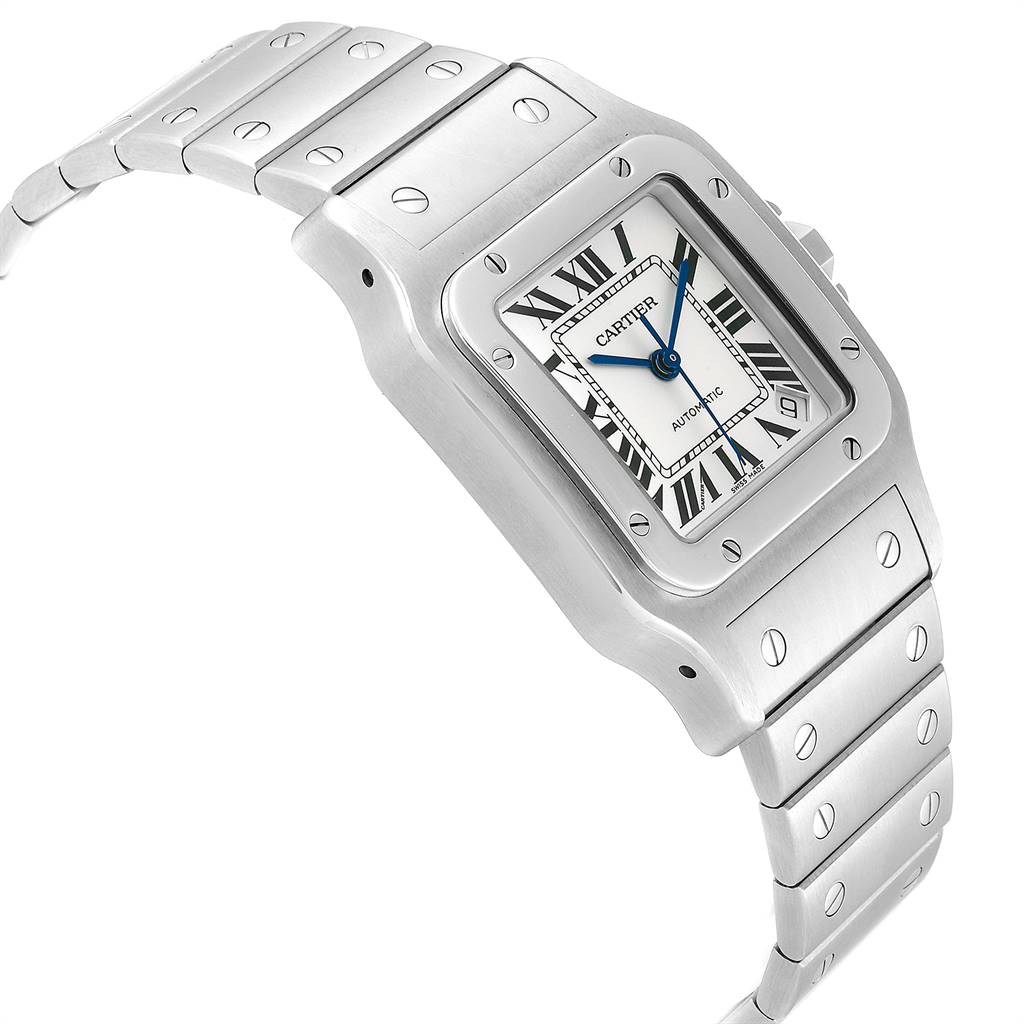 The image shows a side angle view of the Cartier Santos W20098D6 Men
s Stainless Steel Silver Dial W20098D6 Men
s Stainless Steel Silver Dial watch showcasing its face, bezel, and part of the bracelet.