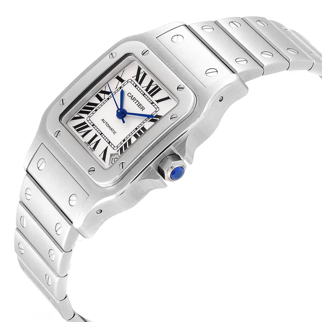 The Cartier Santos W20098D6 Men
s Stainless Steel Silver Dial W20098D6 Men
s Stainless Steel Silver Dial watch is shown at a side angle, highlighting the face, case, bracelet, and crown.