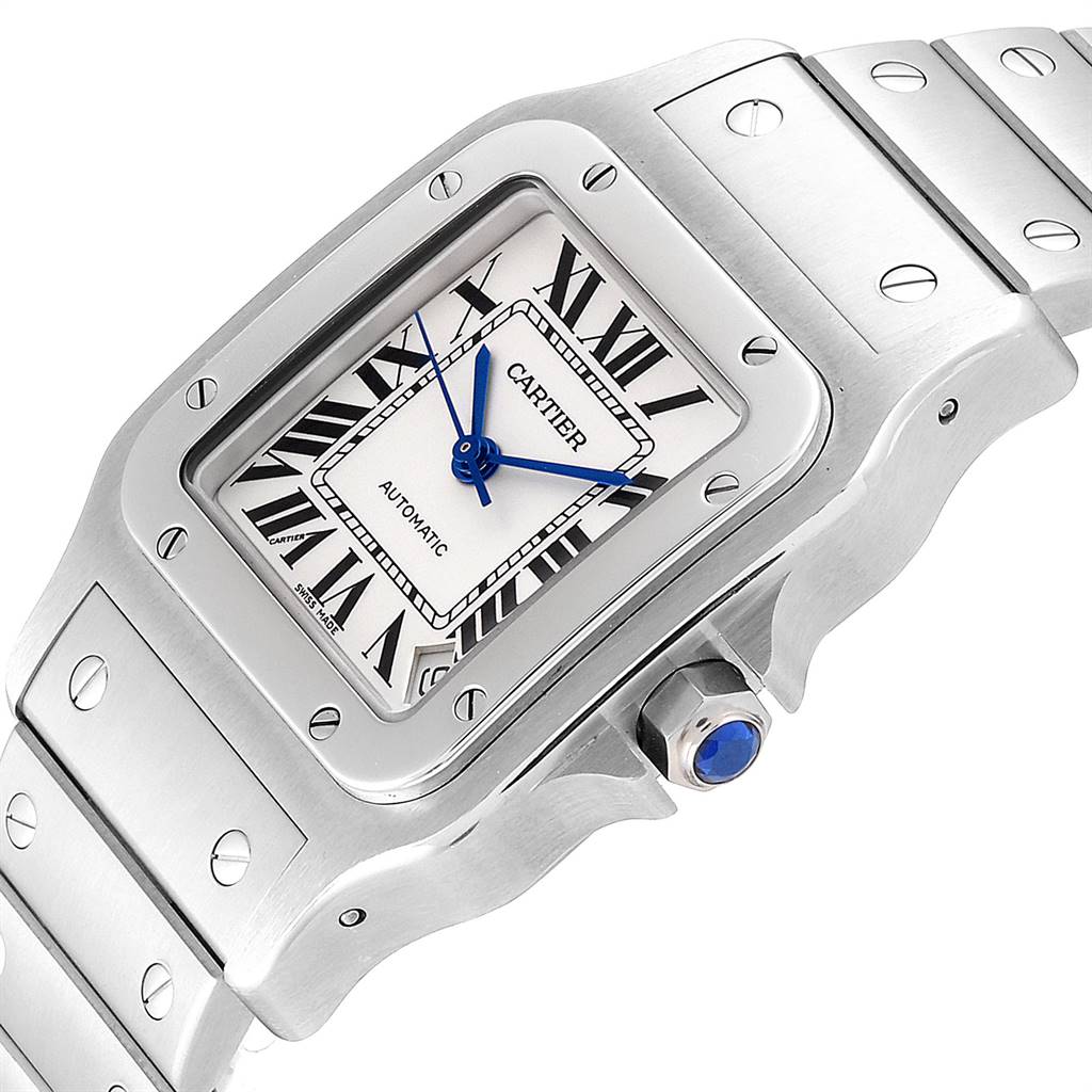 The image shows a close-up of the Cartier Santos W20098D6 Men
s Stainless Steel Silver Dial W20098D6 Men
s Stainless Steel Silver Dial watch face, bezel, crown, and part of the bracelet at an angled view.