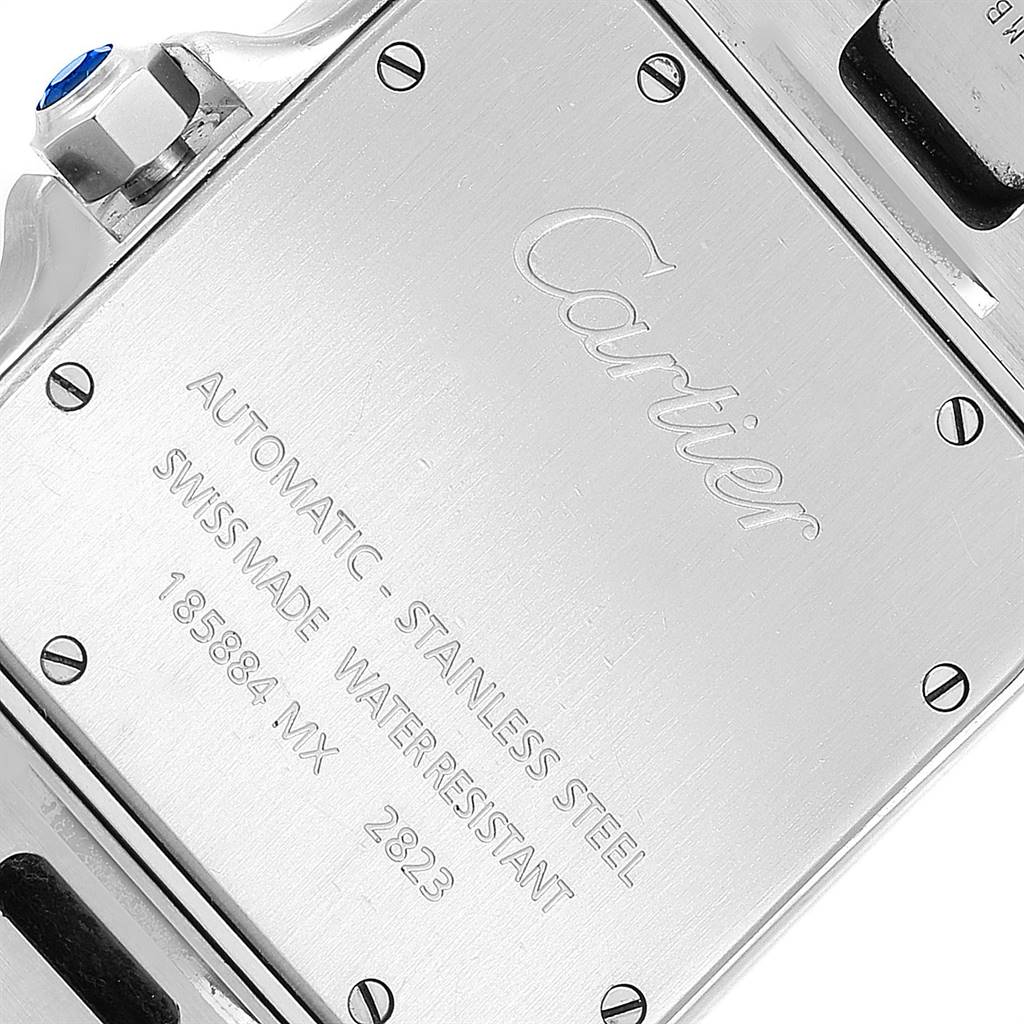 This image shows the back case of a Cartier Santos W20098D6 Men
s Stainless Steel Silver Dial W20098D6 Men
s Stainless Steel Silver Dial watch, detailing its stainless steel construction.