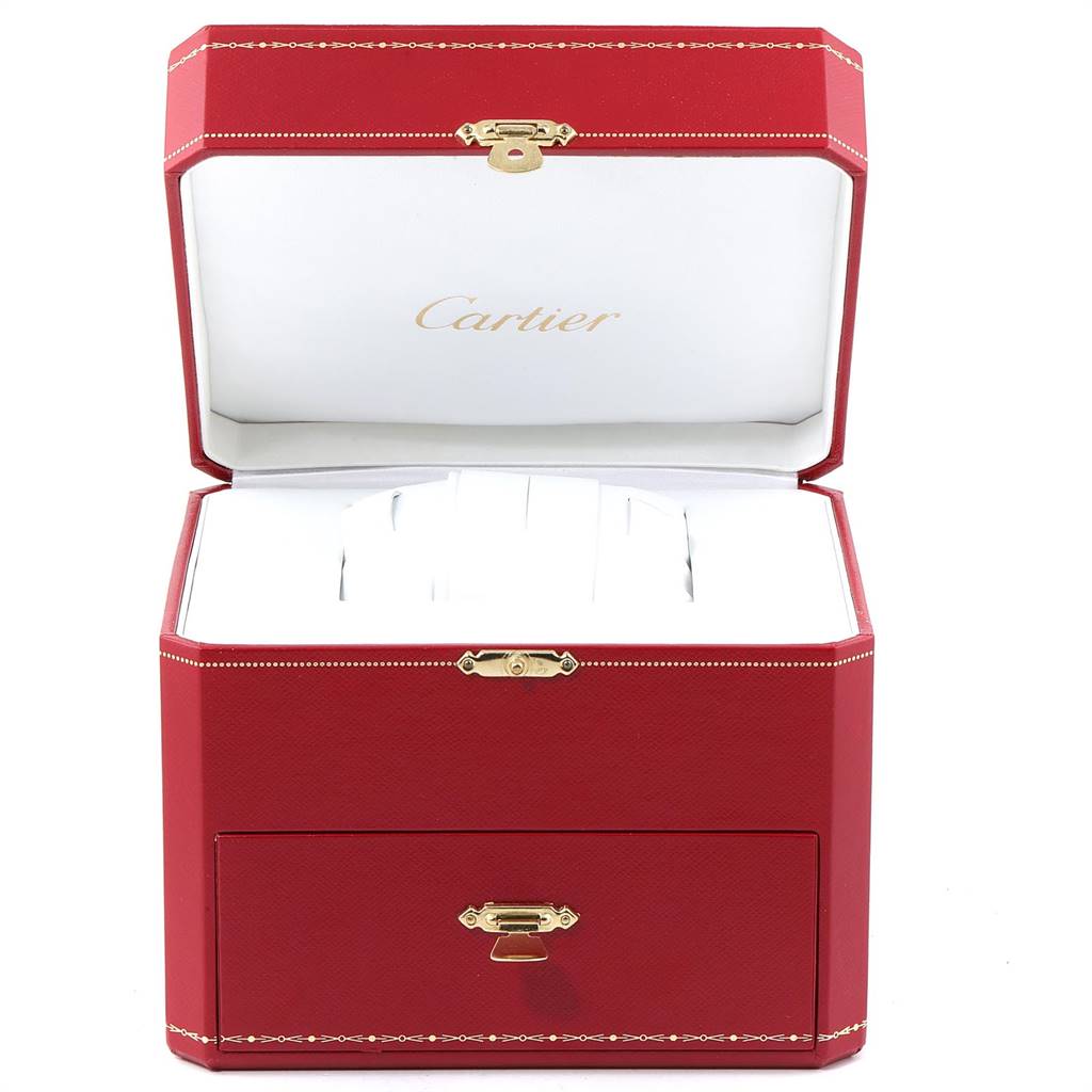 This is a Cartier Santos W20098D6 Men
s Stainless Steel Silver Dial W20098D6 Men
s Stainless Steel Silver Dial watch box, shown from the front with the lid open.