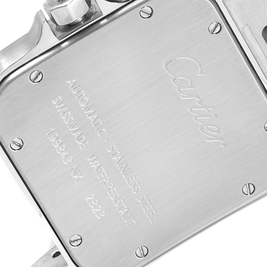 This image shows the back of a Cartier Santos W20098D6 Stainless Steel Silver Dial W20098D6 Stainless Steel Silver Dial watch, highlighting the model details, screws, and part of the wristband.