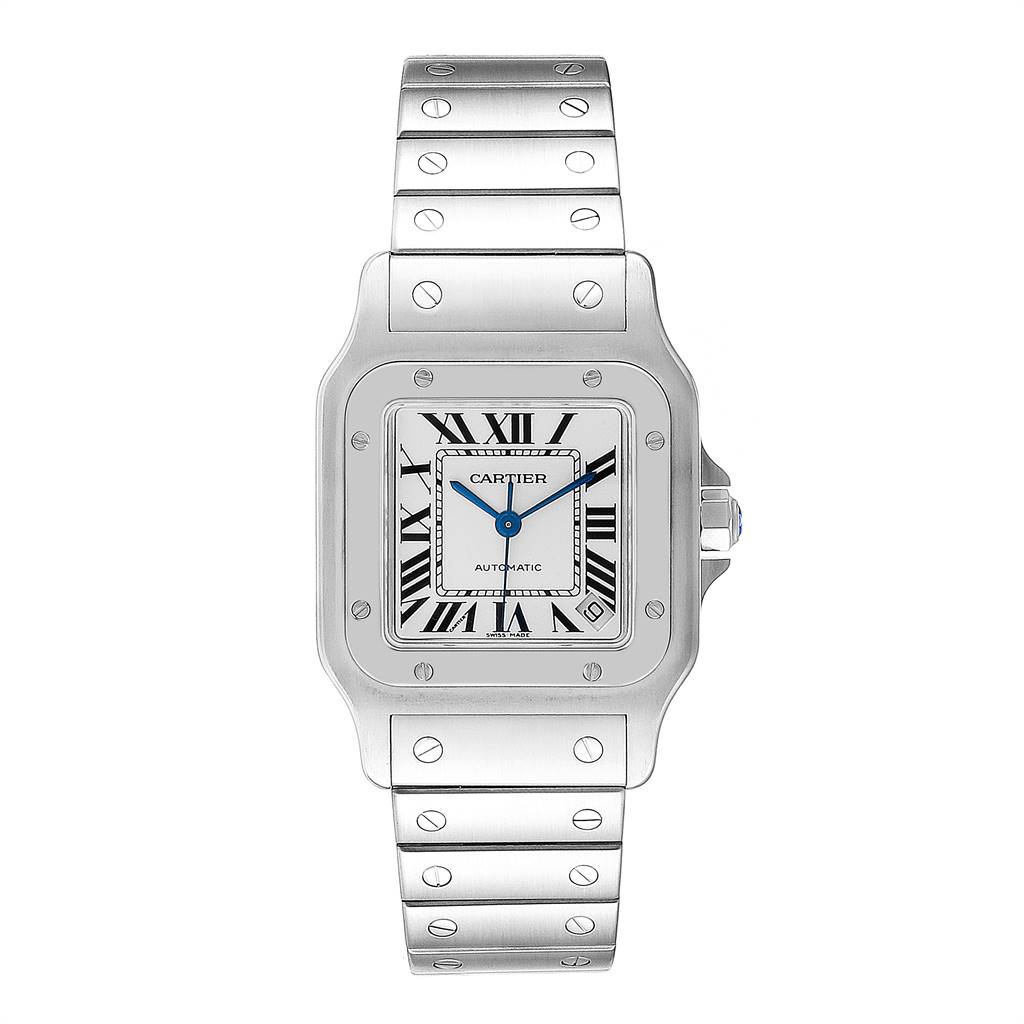 This image shows a front view of the Cartier Santos W20098D6 Stainless Steel Silver Dial W20098D6 Stainless Steel Silver Dial model watch, featuring its face, Roman numerals, and metal bracelet with rivets.