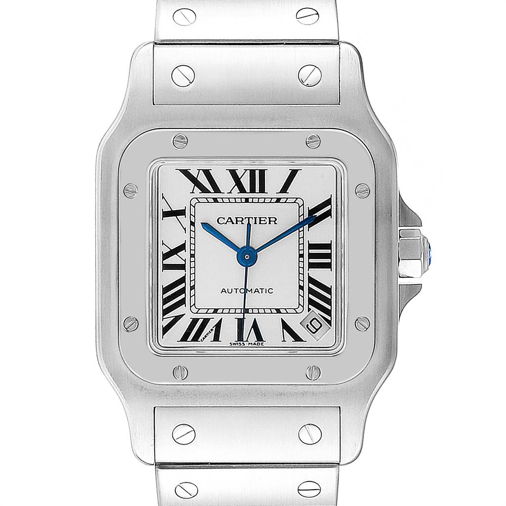 This image displays a front view of the Cartier Santos W20098D6 Stainless Steel Silver Dial W20098D6 Stainless Steel Silver Dial watch, highlighting its face, bezel, and part of the bracelet.