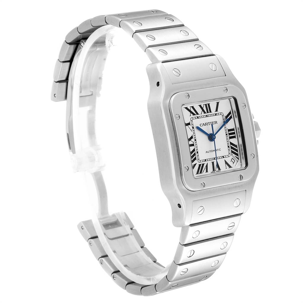 The image shows a Cartier Santos W20098D6 Stainless Steel Silver Dial W20098D6 Stainless Steel Silver Dial model watch at a three-quarter angle, highlighting its stainless steel case and bracelet.