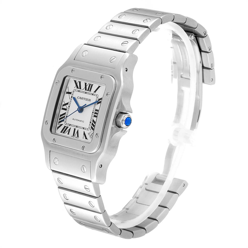 The image shows a Santos model by Cartier from a front-side angle, highlighting the face, bezel, crown, and bracelet.