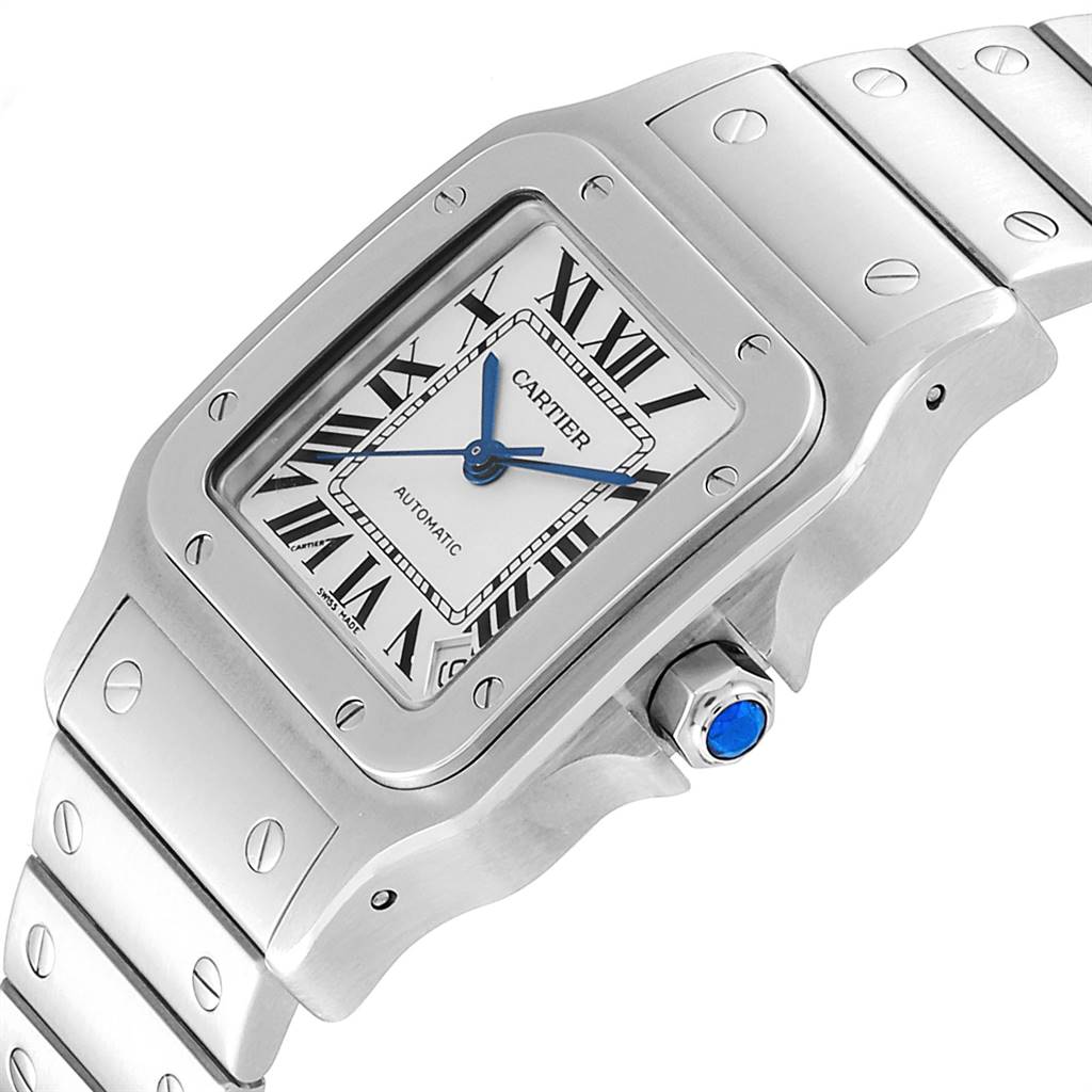 The image shows a close-up angle of the Cartier Santos W20098D6 Stainless Steel Silver Dial W20098D6 Stainless Steel Silver Dial watch, highlighting the face, bezel, and part of the bracelet.