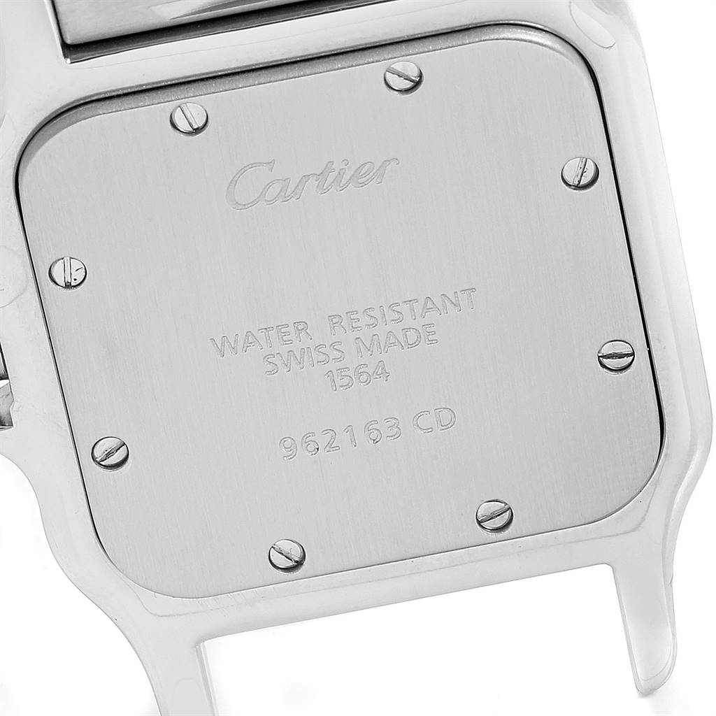 This image shows the back case of a Santos model watch by Cartier, displaying the water resistance details and serial number.