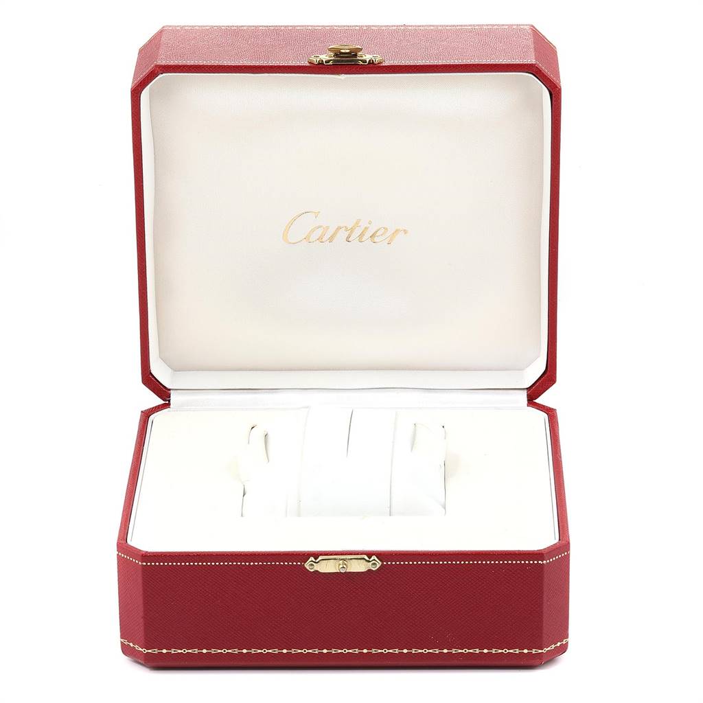 The image shows an open red Cartier box without a Santos watch, viewed from the front.