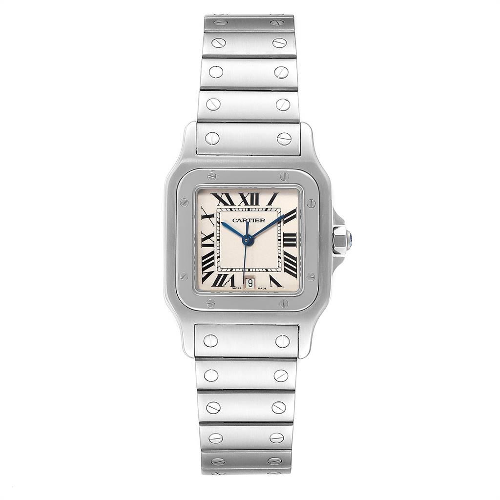 The image shows a frontal view of the Cartier Santos W20060D6 Men's Stainless Steel Silver Dial W20060D6 Men's Stainless Steel Silver Dial watch, displaying its dial, bezel, bracelet, and crown.