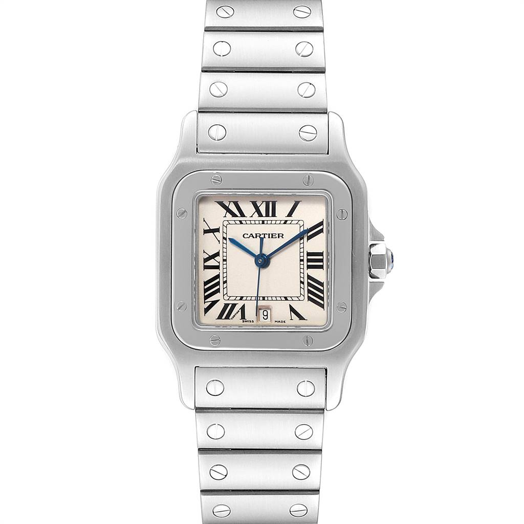 This Cartier Santos W20060D6 Men's Stainless Steel Silver Dial W20060D6 Men's Stainless Steel Silver Dial watch is shown from the front, displaying the face, bezel, and metal bracelet.