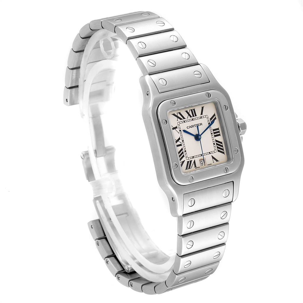 The image shows a Santos model by Cartier at a slightly angled view, displaying the watch face and metallic bracelet.