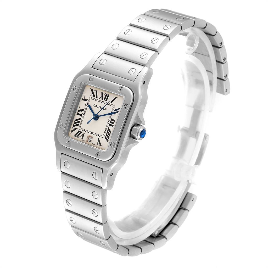 This image shows a Cartier Santos W20060D6 Men's Stainless Steel Silver Dial W20060D6 Men's Stainless Steel Silver Dial watch from a three-quarter angle, highlighting the face, bezel, and bracelet.