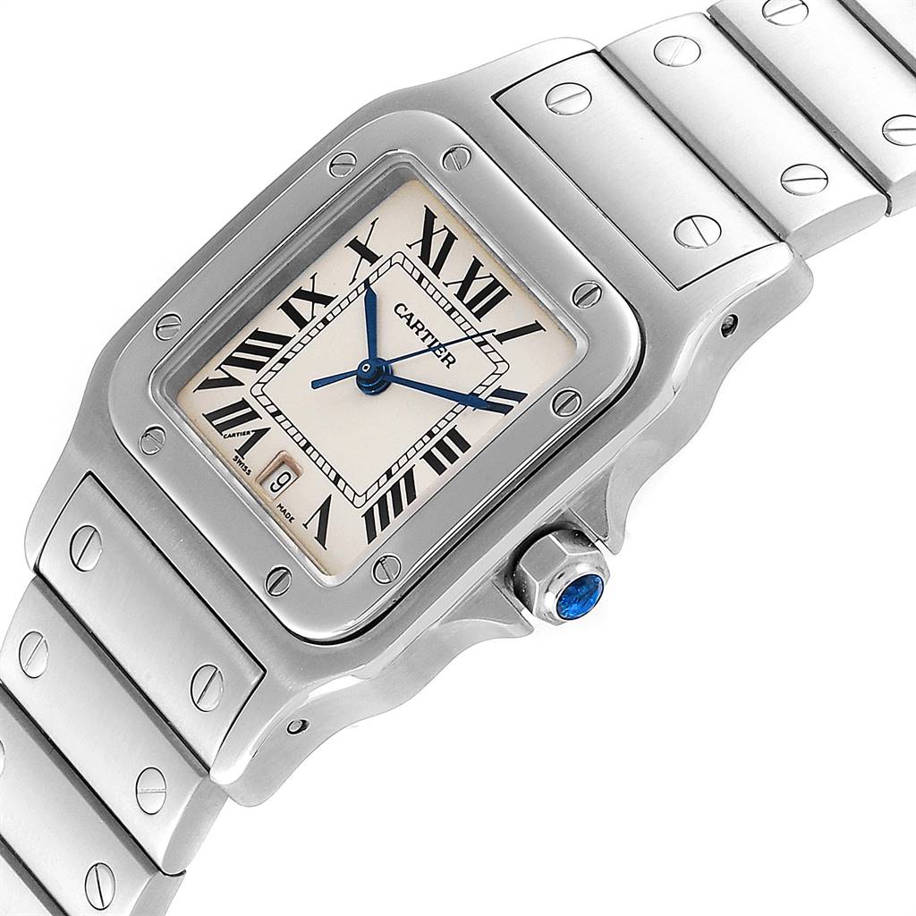 The image shows a close-up of the dial and part of the bracelet of a Cartier Santos W20060D6 Men's Stainless Steel Silver Dial W20060D6 Men's Stainless Steel Silver Dial watch.