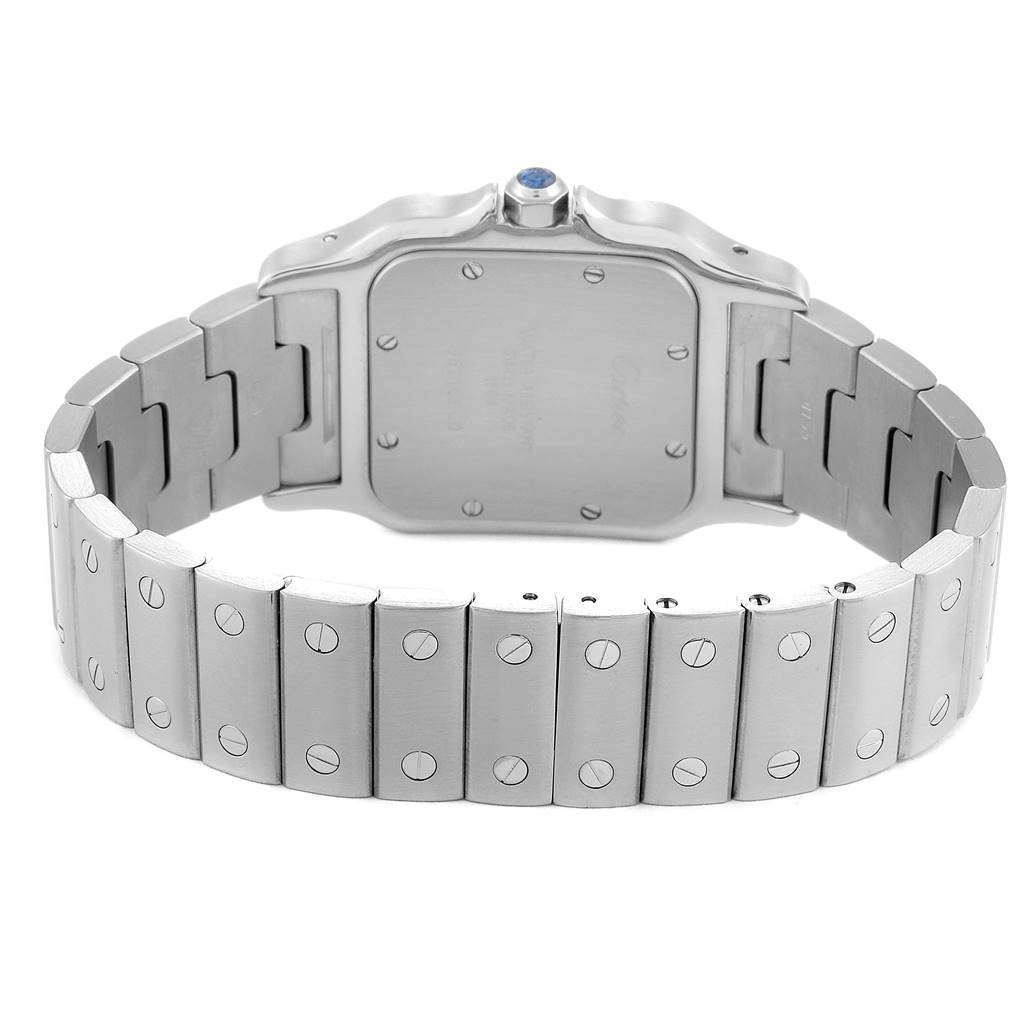 The image shows the back and bracelet of a Santos model watch by Cartier.