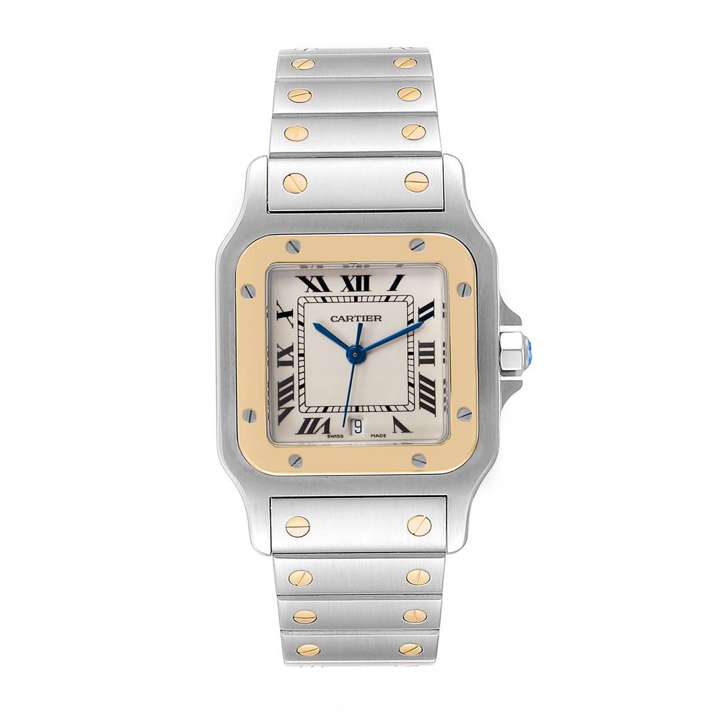The image shows a front view of a Cartier Santos W20011C4 Stainless Steel Silver Dial W20011C4 Stainless Steel Silver Dial model watch, highlighting its square face, Roman numerals, and metal bracelet.