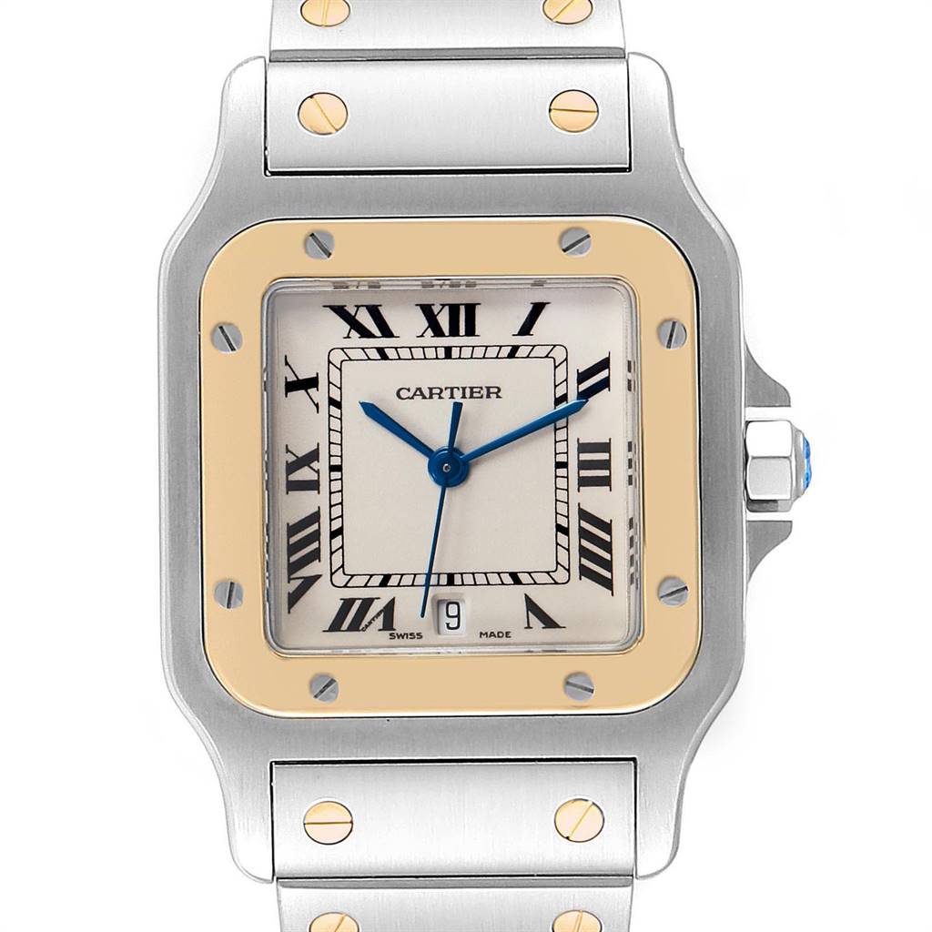 The image shows a close-up view of the Cartier Santos W20011C4 Stainless Steel Silver Dial W20011C4 Stainless Steel Silver Dial watch face, bezel, bracelet, and crown.