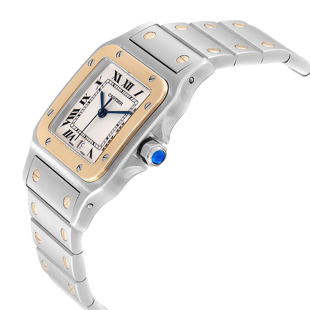 The image shows a Cartier Santos W20011C4 Stainless Steel Silver Dial W20011C4 Stainless Steel Silver Dial watch from a side angle highlighting the case, bezel, dial, and part of the metallic bracelet.