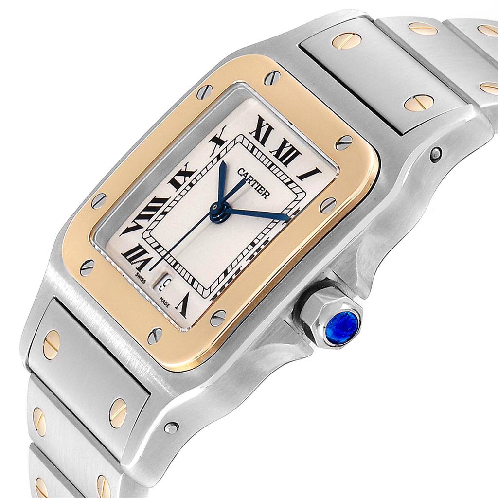 The image shows the Cartier Santos W20011C4 Stainless Steel Silver Dial W20011C4 Stainless Steel Silver Dial watch face at an angle, including part of the bracelet, bezel, crown, and screws.