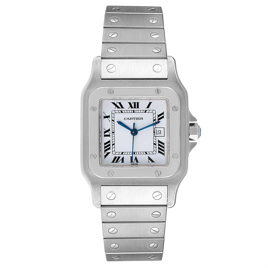 This image shows a front view of a Cartier Santos Men's Stainless Steel Blue Dial Men's Stainless Steel Blue Dial watch, highlighting its face, bezel, and strap.