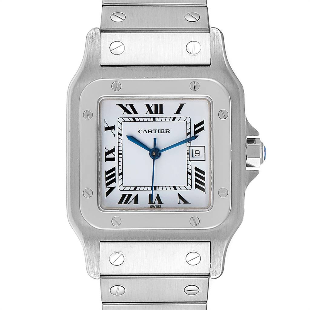 The image shows a front view of the Cartier Santos Men's Stainless Steel Blue Dial Men's Stainless Steel Blue Dial watch, focusing on the dial, bezel, and stainless steel bracelet.