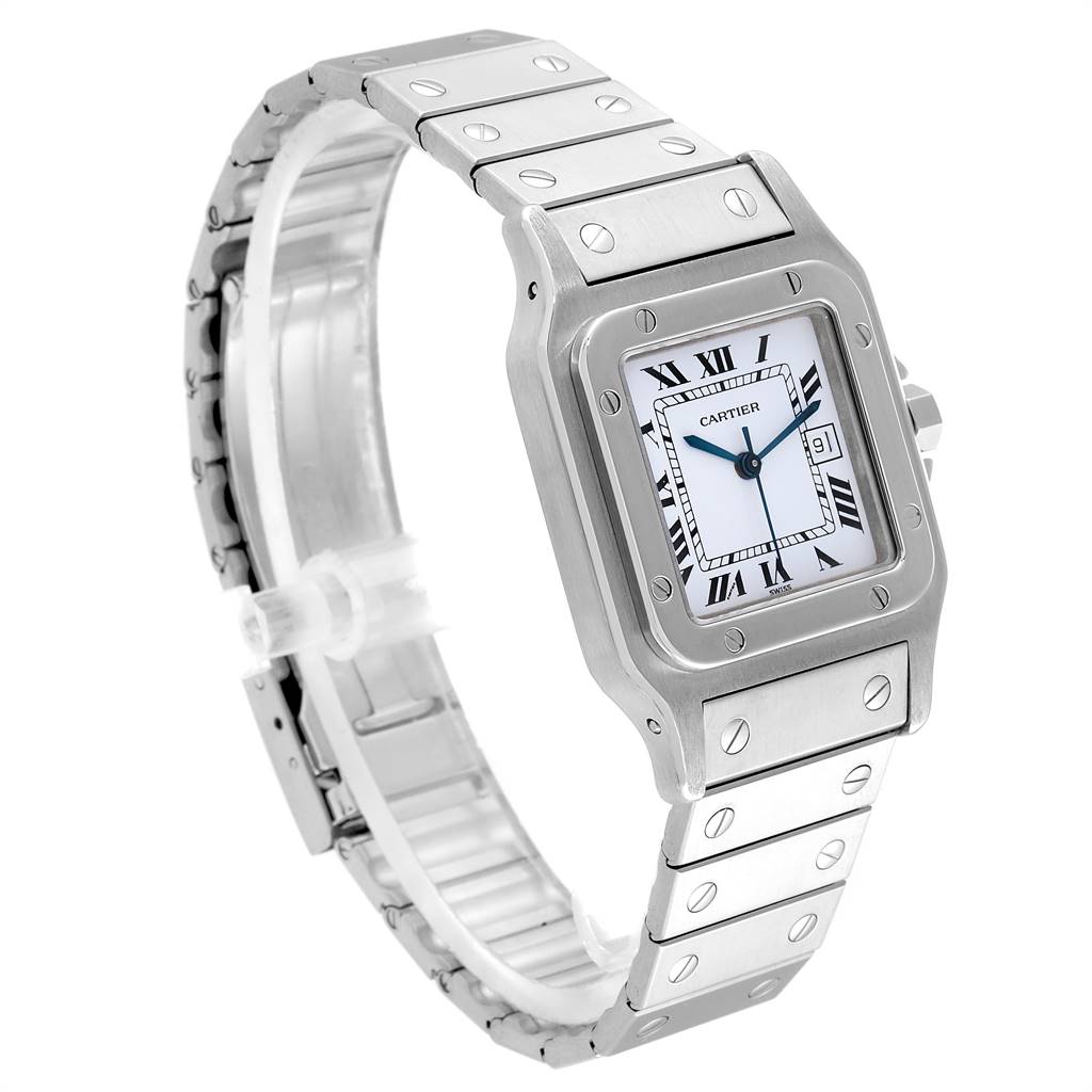 The Cartier Santos Men's Stainless Steel Blue Dial Men's Stainless Steel Blue Dial watch is displayed at an angle showing its face, bezel, bracelet, and screw details.