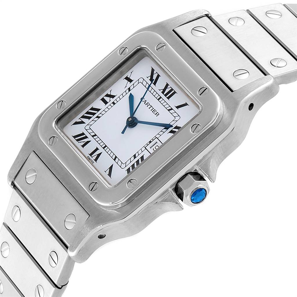 This image shows a close-up angle of the Cartier Santos Men's Stainless Steel Blue Dial Men's Stainless Steel Blue Dial watch's face and bracelet.