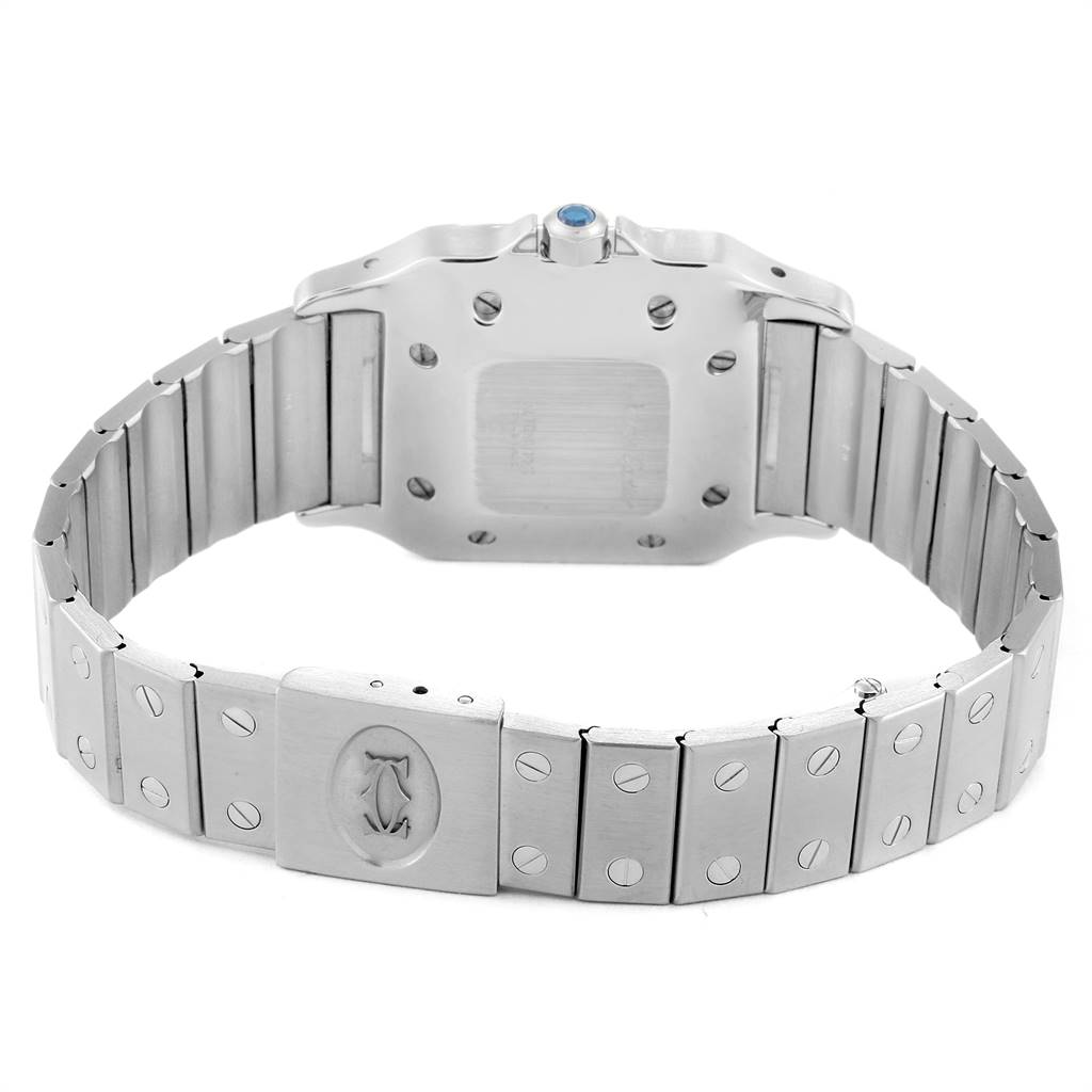 This image shows the back view of a Cartier Santos Men's Stainless Steel Blue Dial Men's Stainless Steel Blue Dial watch, specifically highlighting the bracelet and case back.