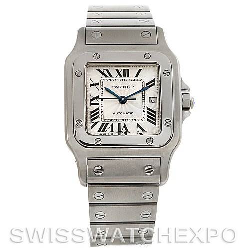 This is a front view of a Cartier Santos Stainless Steel Silver Dial Stainless Steel Silver Dial watch displaying the watch face, case, and part of the bracelet.