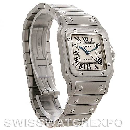 The image shows a Cartier Santos Stainless Steel Silver Dial Stainless Steel Silver Dial model watch angled slightly from the right, highlighting the watch face and metal bracelet.
