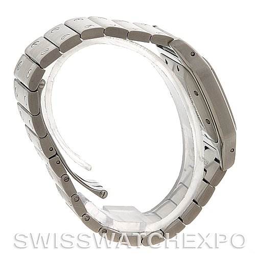 This is a side-angle view of the Santos model by Cartier, focusing on the band and side profile of the watch case.