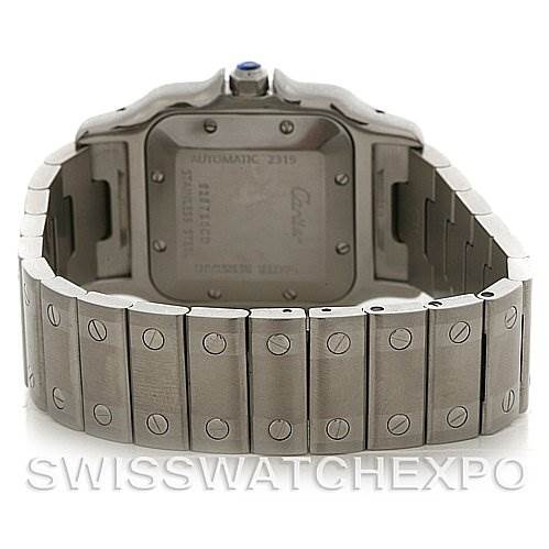 This image shows the back and bracelet of a Cartier Santos Stainless Steel Silver Dial Stainless Steel Silver Dial watch, viewed from the rear.