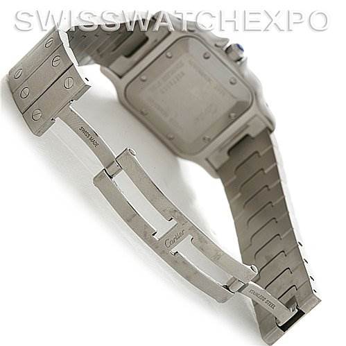 The image shows the back and clasp of a Santos model watch by Cartier, displaying the bracelet and deployment clasp.