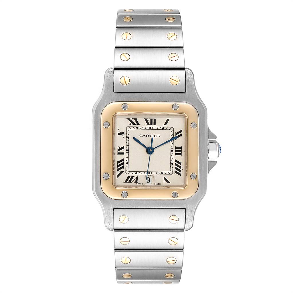 This image shows a Cartier Santos 187901 Stainless Steel Silver Dial 187901 Stainless Steel Silver Dial watch from a front angle highlighting its square face, bezel, and metal bracelet.