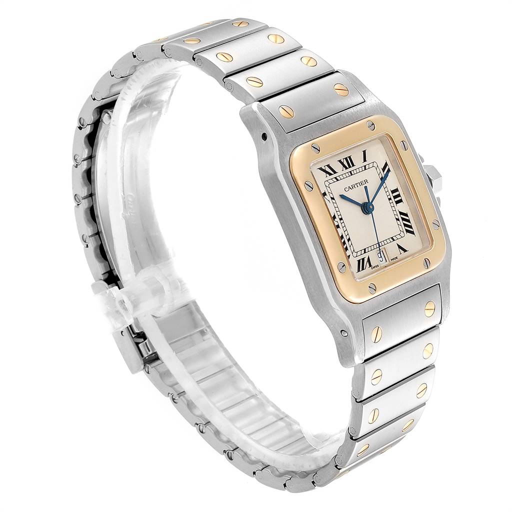 The image shows a three-quarter view of a Cartier Santos 187901 Stainless Steel Silver Dial 187901 Stainless Steel Silver Dial watch, highlighting its bracelet, bezel, and dial.