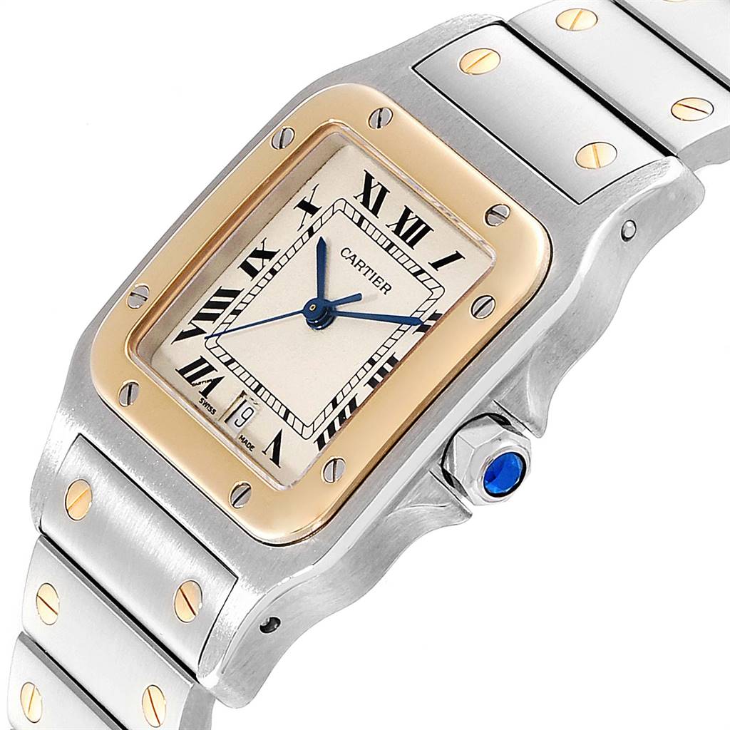 The image shows a close-up of the Cartier Santos 187901 Stainless Steel Silver Dial 187901 Stainless Steel Silver Dial watch, highlighting its face, bezel, and part of the bracelet.