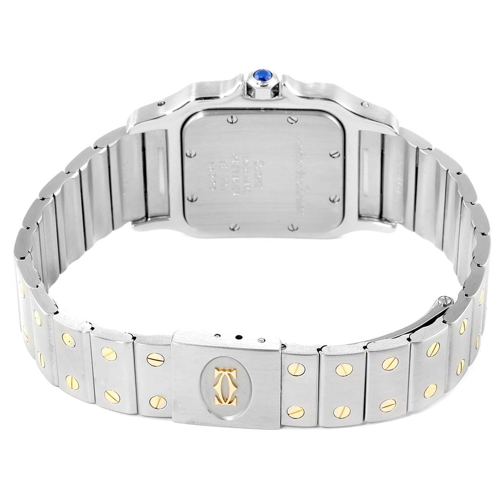 The image shows the back and clasp of the Cartier Santos 187901 Stainless Steel Silver Dial 187901 Stainless Steel Silver Dial model watch, highlighting the bracelet and unique screw details.