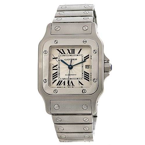 The image shows a front view of the Cartier Santos Stainless Steel Silver Dial Stainless Steel Silver Dial watch, displaying the face, bezel, crown, and metal bracelet.